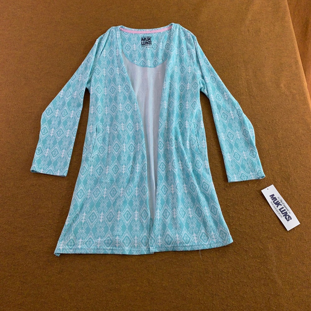 Muk Luks Womens Medium Turquoise Geometric Ribbed Open Front Cardigan NWT
